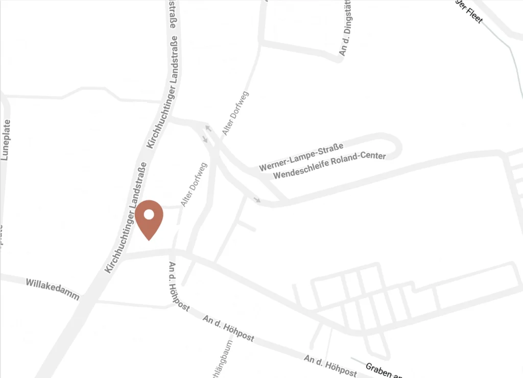 Eine Kartenansicht des Praxisstandortes. Ein roter Pin markiert den Standort der Gastroenterologischen Gemeinschaftspraxis in der Kirchhuchtinger Landstr. 80, 28259 Bremen.